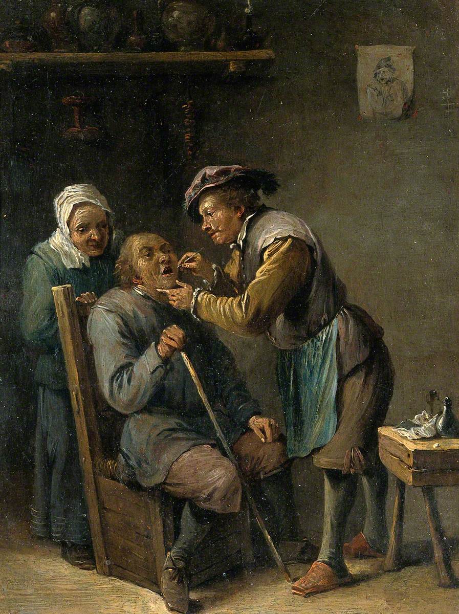 Un chirurgien soignant les dents d'un homme assis - David Teniers le Jeune