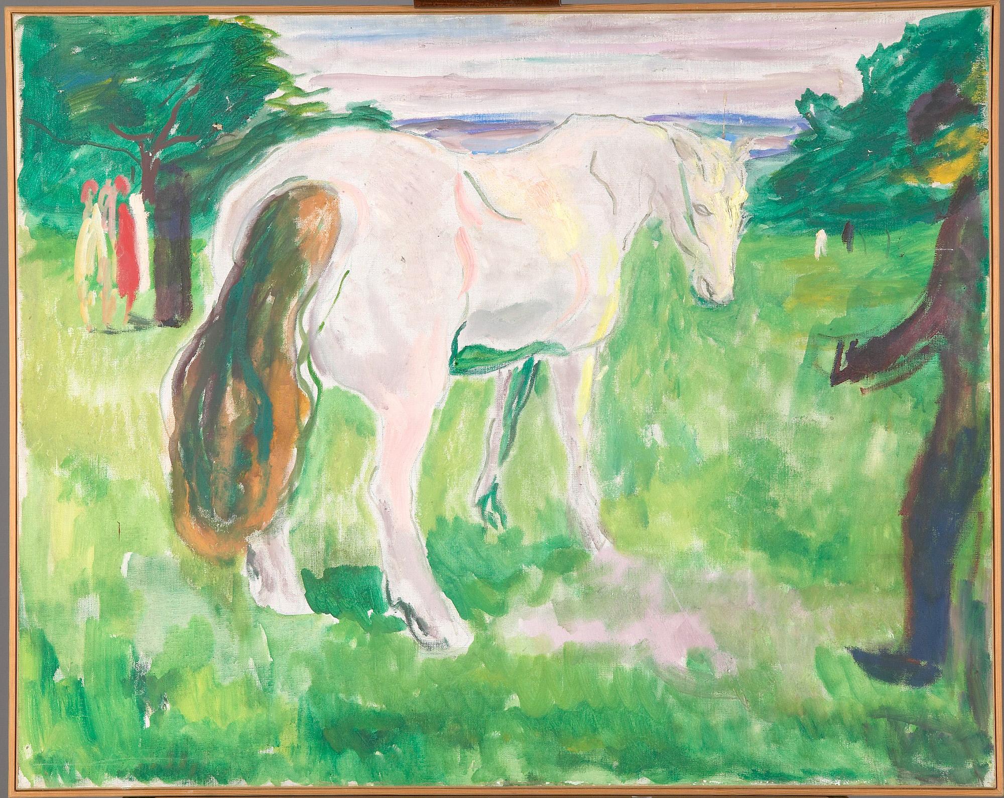 Reproduction du tableau « Cheval blanc dans une prairie verte - Edvard Munch » par Alpha Reproduction en peinture à l’huile