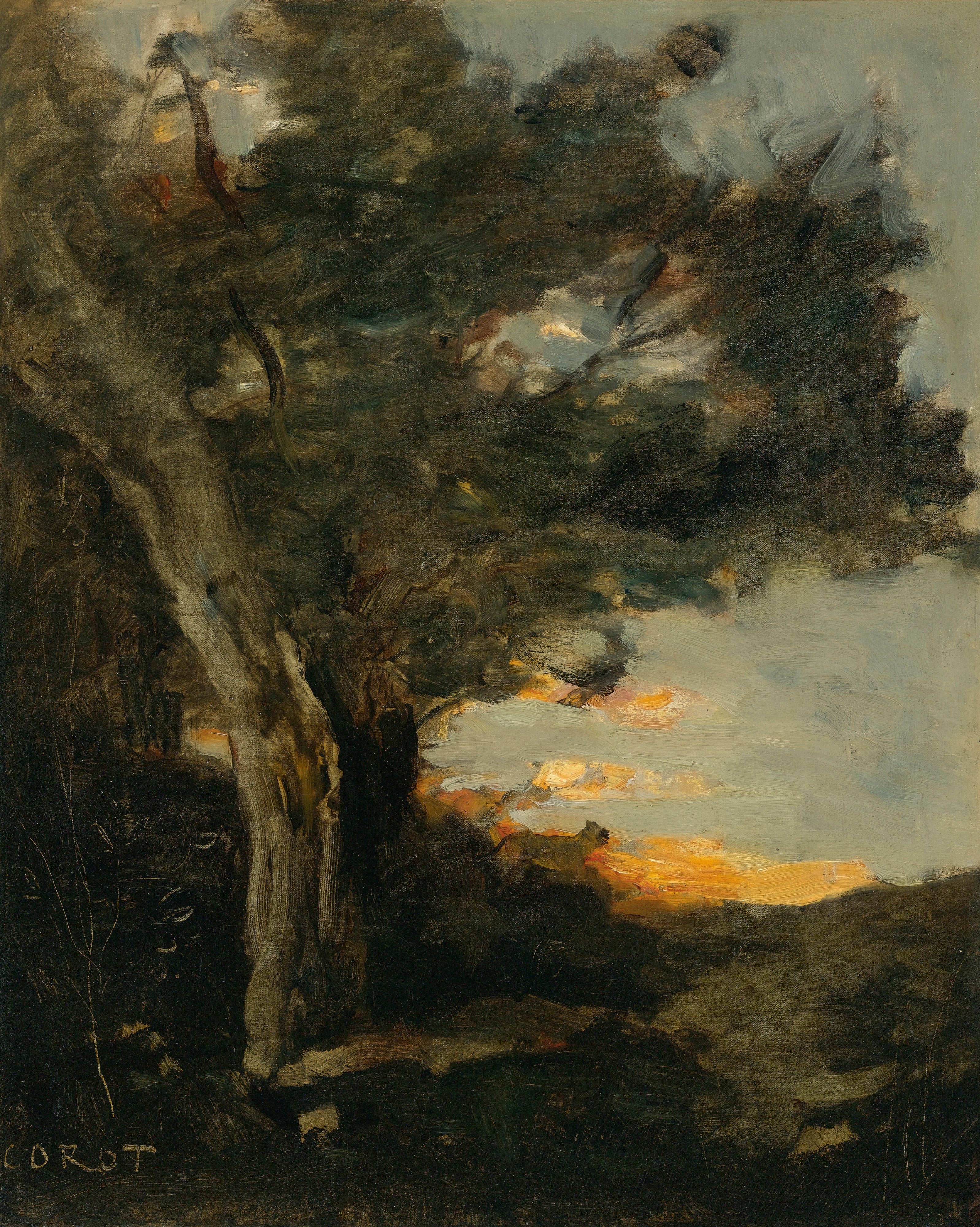 Coucher de soleil avec une Lionne - Jean-Baptiste Camille Corot