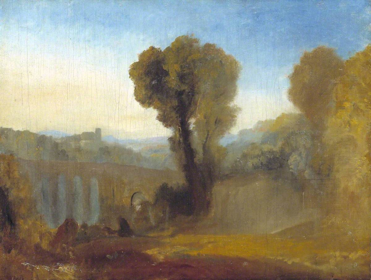 Reproduction du tableau « Claudian Composition, possibly Arcueil at Dawn (formerly titled ‘Ariccia (?): Sunset’) - J. M. W. Turner » par Alpha Reproduction en peinture à l’huile