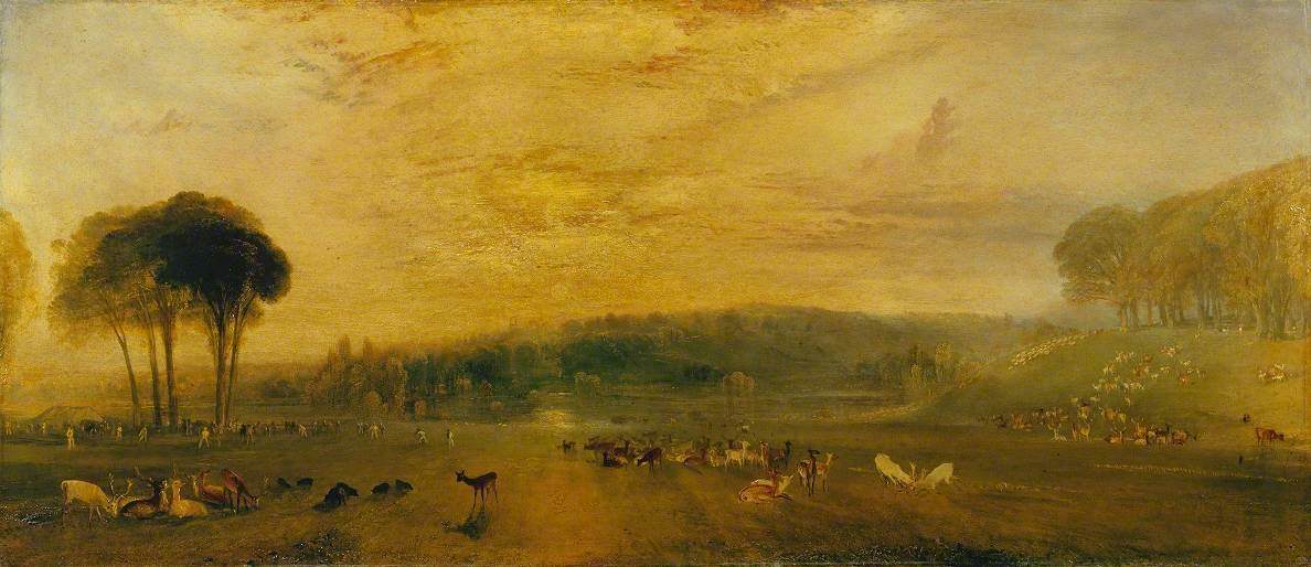 Reproduction du tableau « The Lake, Petworth: Sunset, Fighting Bucks - J. M. W. Turner » par Alpha Reproduction en peinture à l’huile