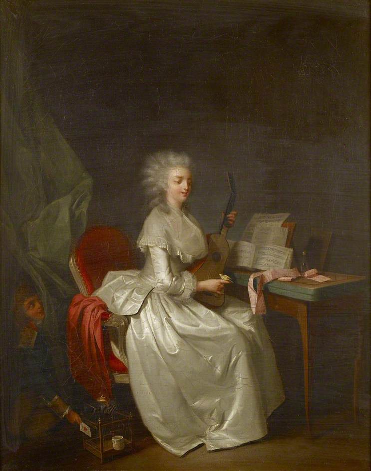 Une jeune femme jouant de la guitare avec un oiseau chanteur dans sa main - Louis-Léopold Boilly