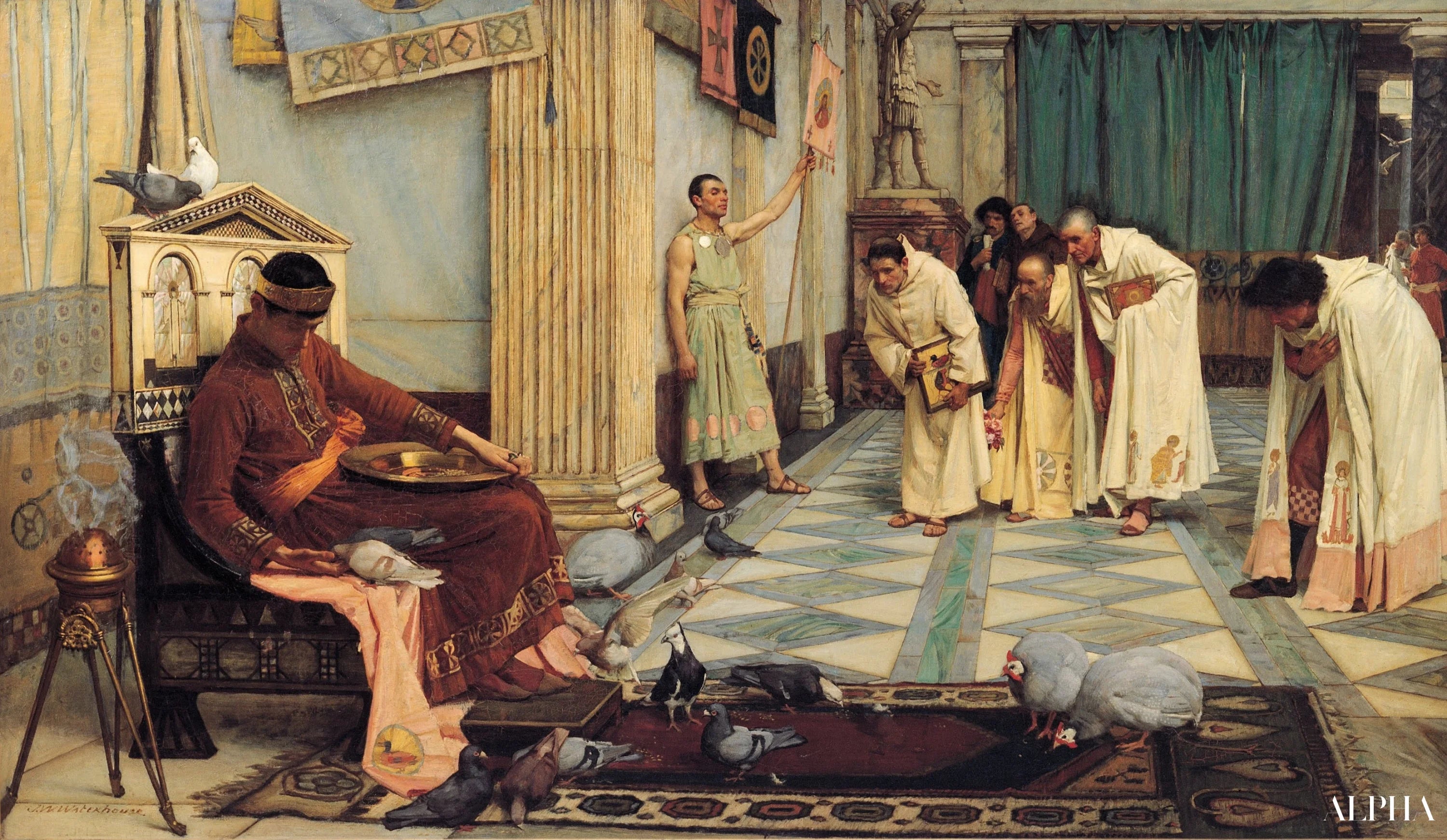 Reproduction du tableau « Les favoris de l'empereur Honorius - John William Waterhouse » par Alpha Reproduction en peinture à l’huile