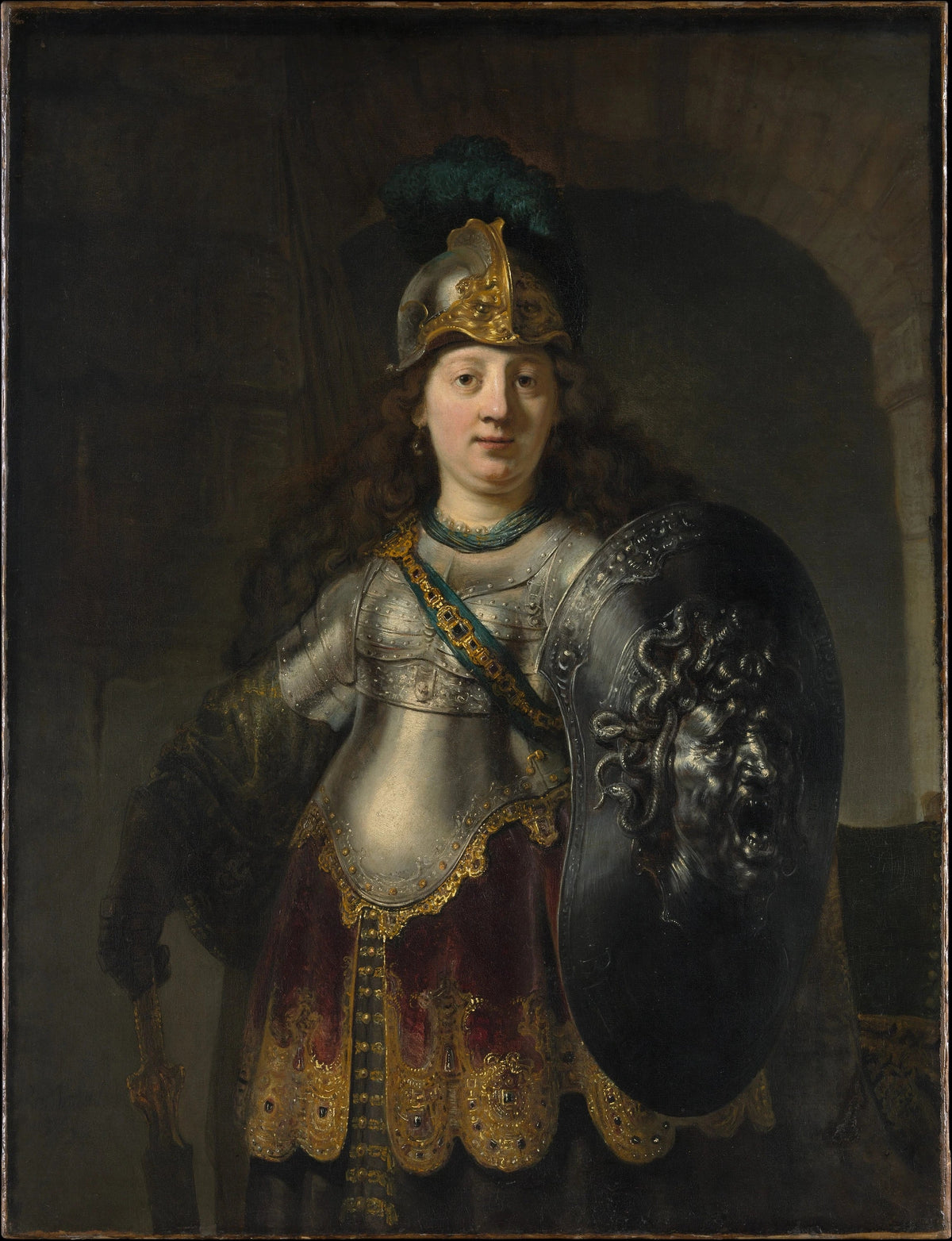 Bellone de Rembrandt, déesse de la guerre en armure tenant un bouclier, 1633