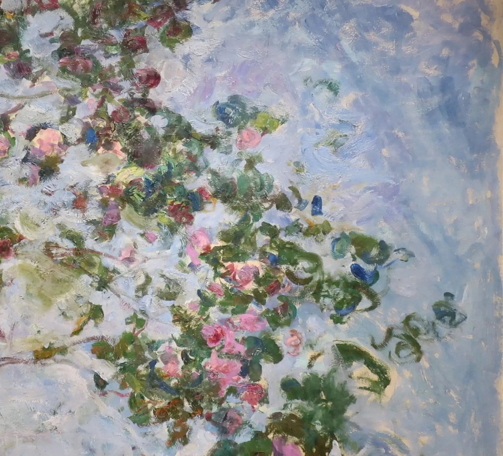 Détail des branches fleuries et du ciel bleu dans Les Roses de Claude Monet