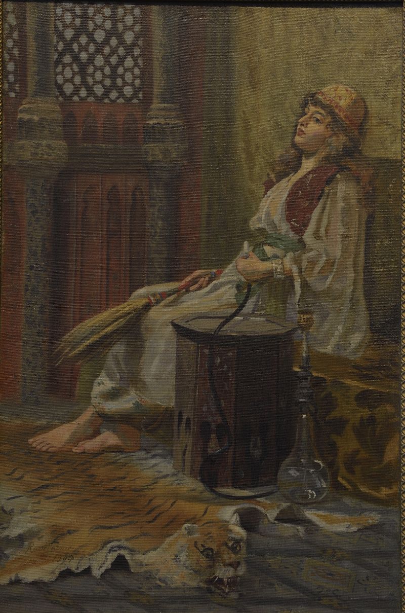 Jeune Fille au narguilé et au livre, Raja Ravi Varma, XXe siècle, huile sur toile