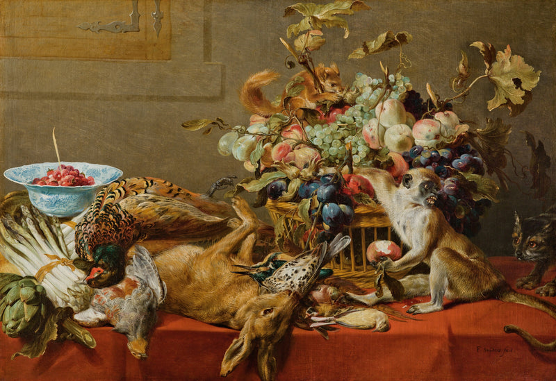 Nature morte avec fruits, gibier mort, légumes, un singe vivant, un écureuil et un chat - Frans Snyders