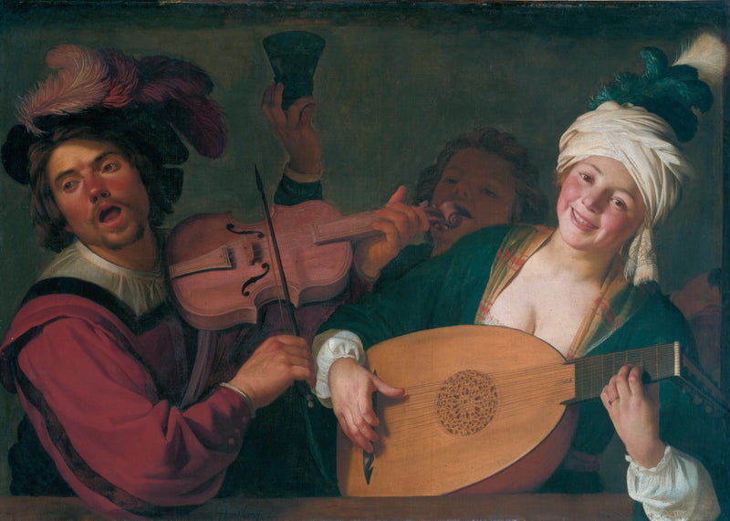 مجموعة سعيدة خلف balustrade مع كمان وعازف عود - Gerrit van Honthorst