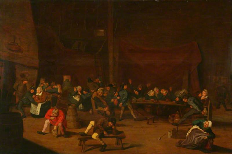 Scène de taverne avec une foule de paysans buvant et s'amusant - Adriaen Brouwer