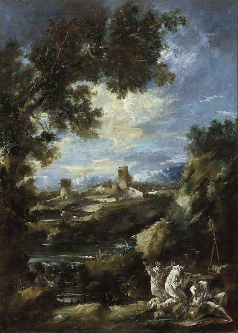 Paysage avec des moines camaldules priant dans un sanctuaire en bord de route - Alessandro Magnasco