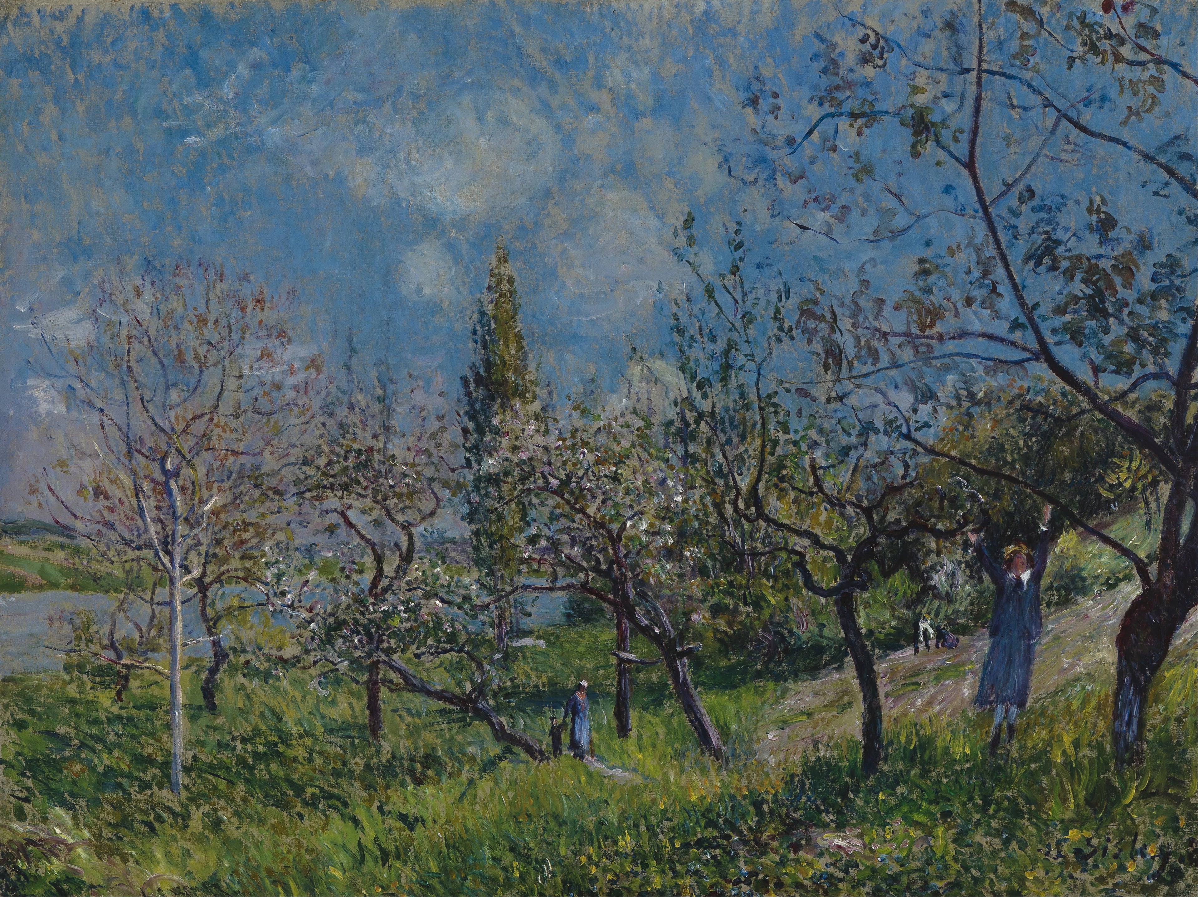 Reproduction du tableau « Un verger au printemps, Par - Alfred Sisley » par Alpha Reproduction en peinture à l’huile