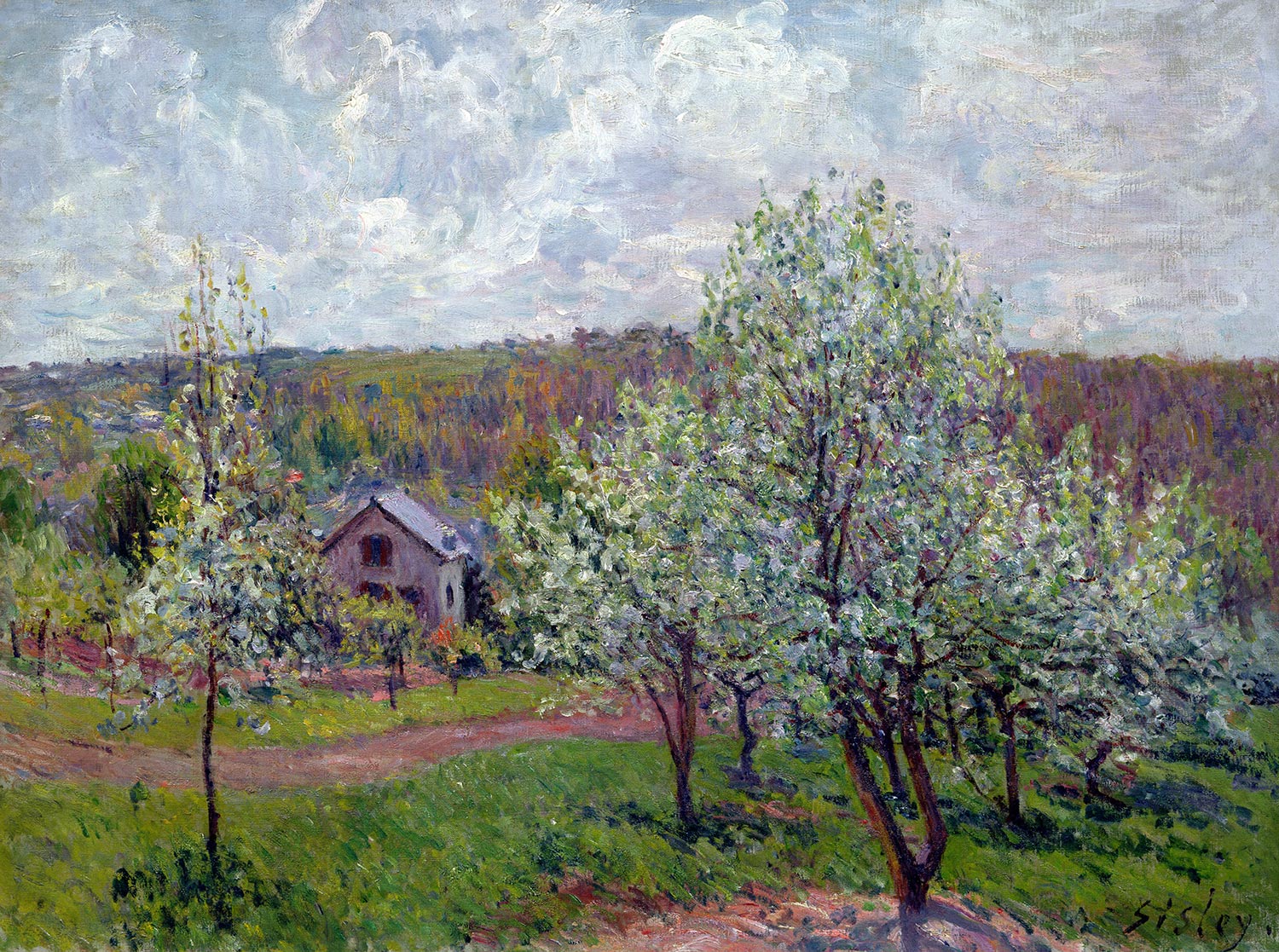 Reproduction du tableau « Printemps aux environs de Paris. Pommiers en fleurs - Alfred Sisley » par Alpha Reproduction en peinture à l’huile