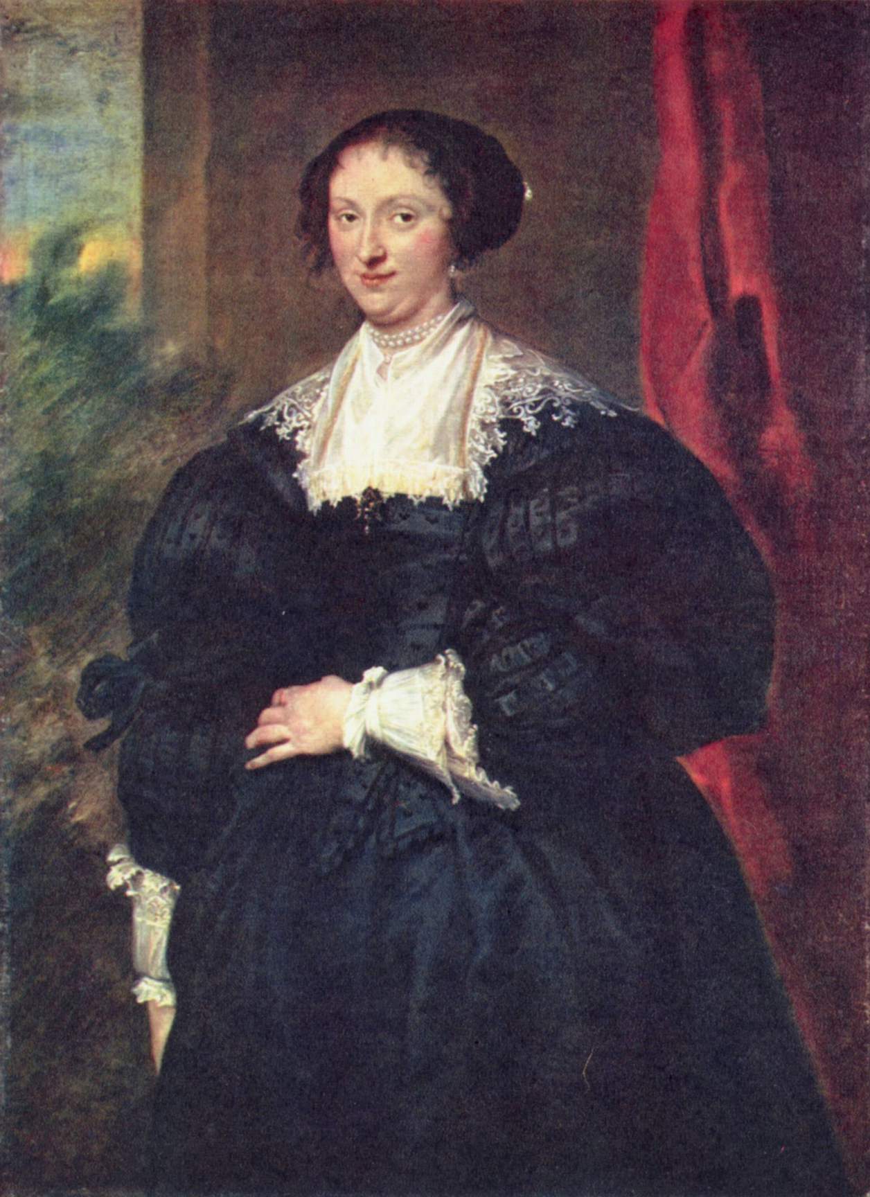 Portrait d'une dame en noir devant un rideau rouge - Antoine van Dyck