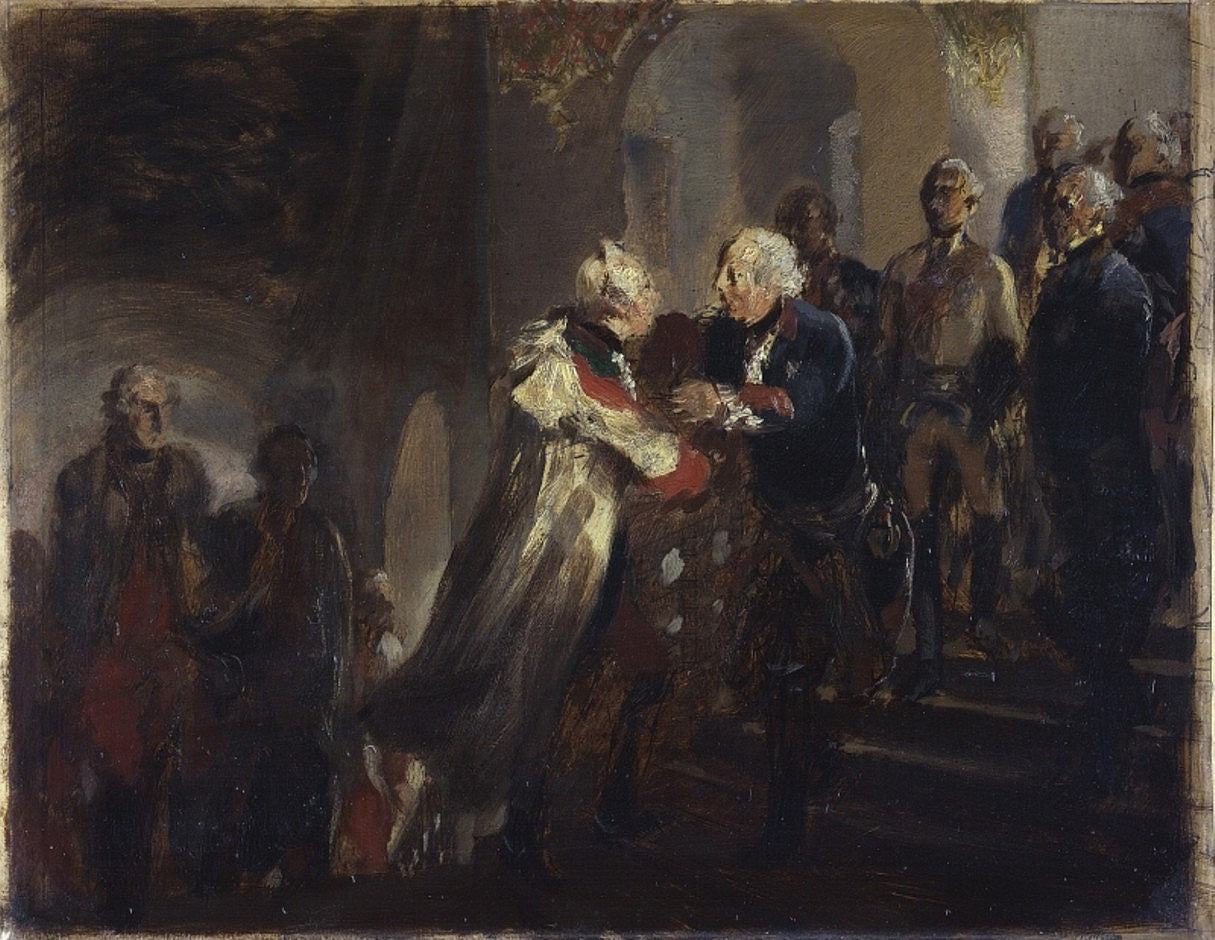 Frédéric le Grand et l'empereur Joseph II se rencontrent à Neisse en 1769 (Croquis) - Adolph von Menzel