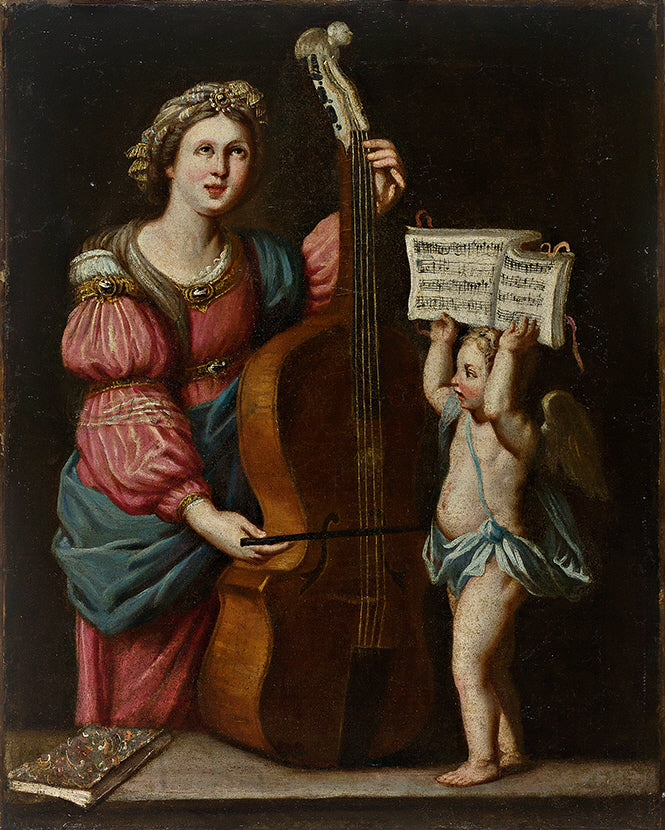 Sainte Cécile avec une contrebasse, un ange ailé tenant la cloison - Bernardo Strozzi