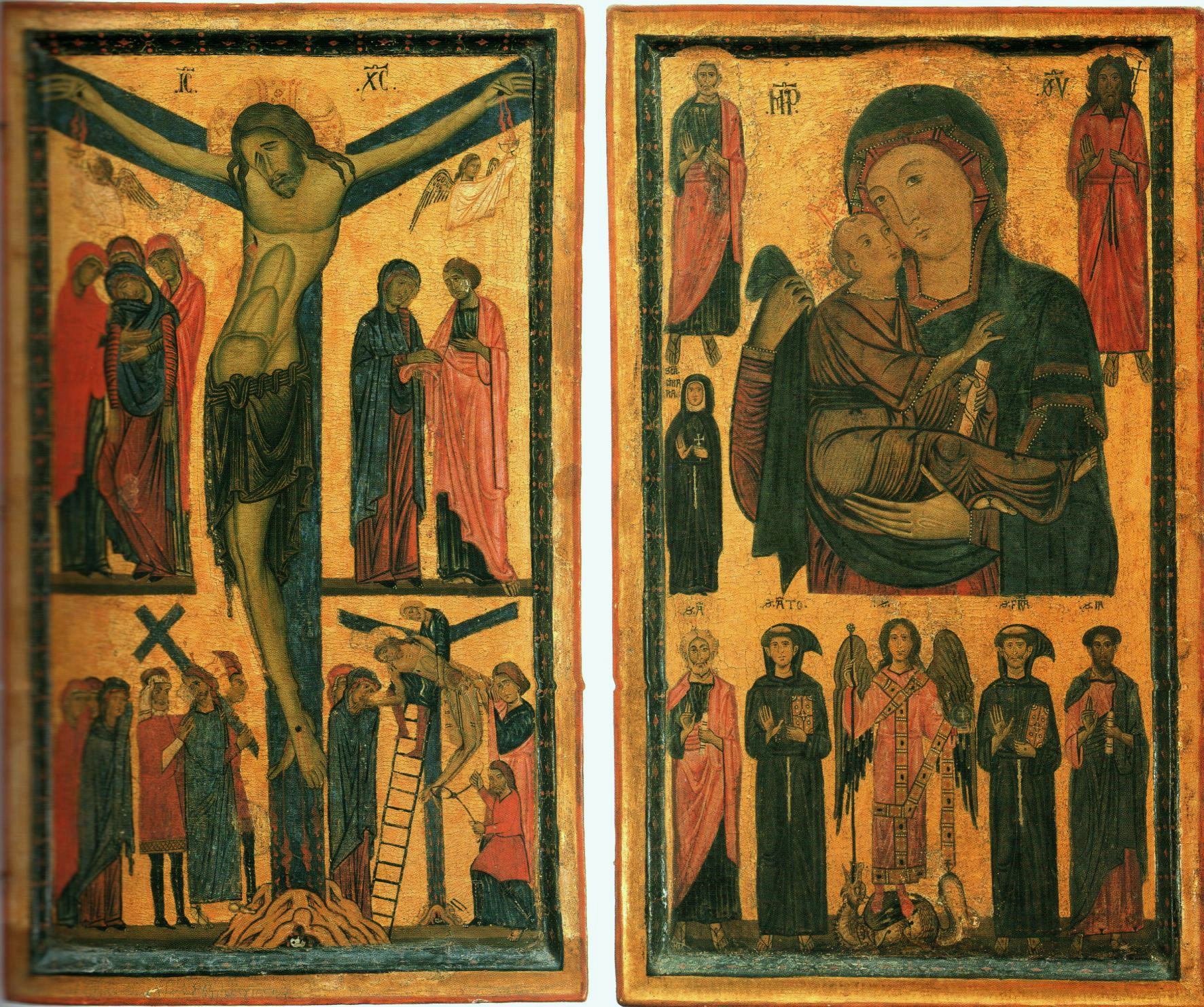 Dittico della Crocifissione e della Madonna col Bambino e santi - Bonaventura Berlinghieri