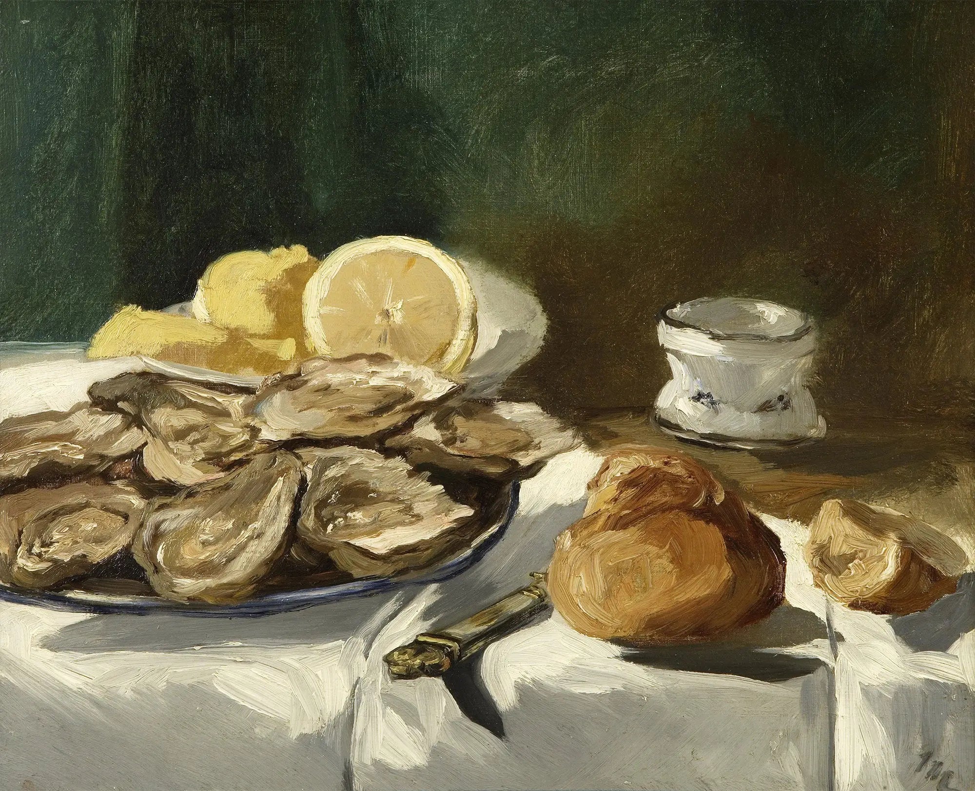 Reproduction du tableau « Nature morte, huîtres, citron, brioche - Édouard Manet » par Alpha Reproduction en peinture à l’huile