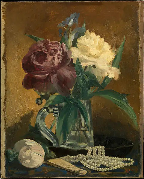 Reproduction du tableau « Nature morte avec fleurs, éventail et perles - Édouard Manet » par Alpha Reproduction en peinture à l’huile