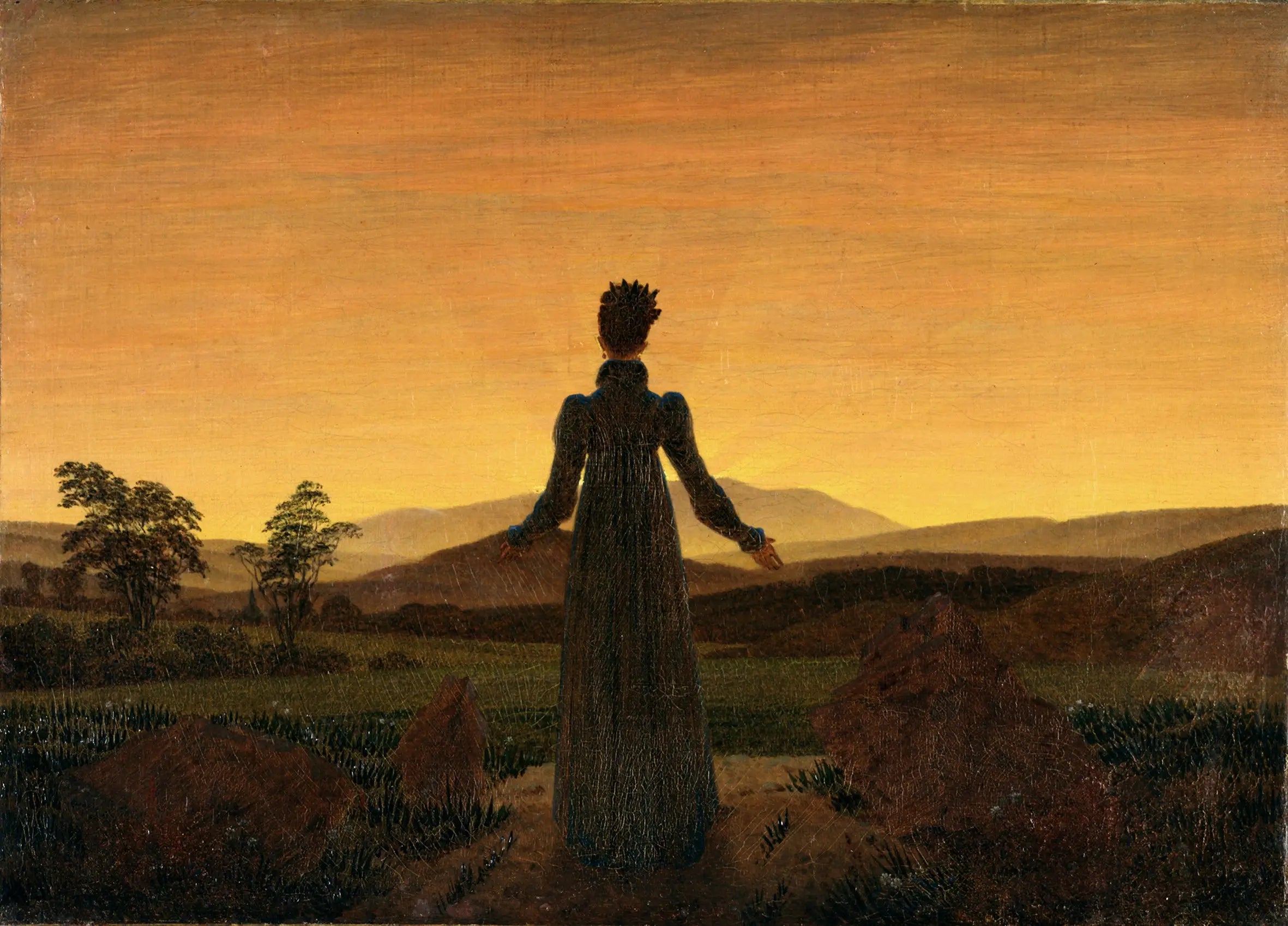 Reproduction du tableau « Femme devant le coucher de soleil - Caspar David Friedrich » par Alpha Reproduction en peinture à l’huile