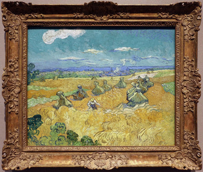 Reproduction du tableau « Champ de blé avec gerbes et moissonneuse - Vincent van Gogh » par Alpha Reproduction en peinture à l’huile