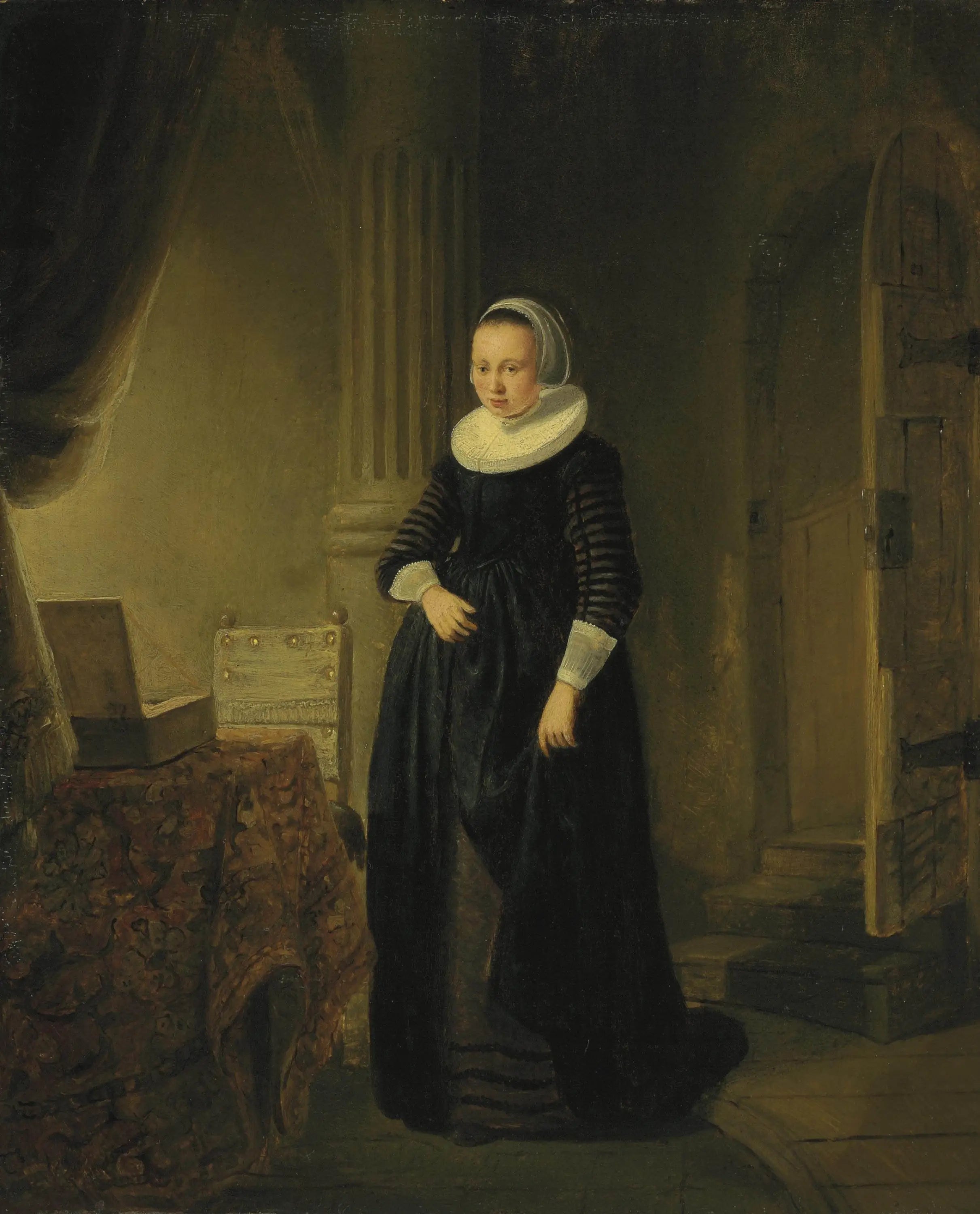 Reproduction du tableau « Portrait d'une femme, debout en pied dans un intérieur - Rembrandt » par Alpha Reproduction en peinture à l’huile