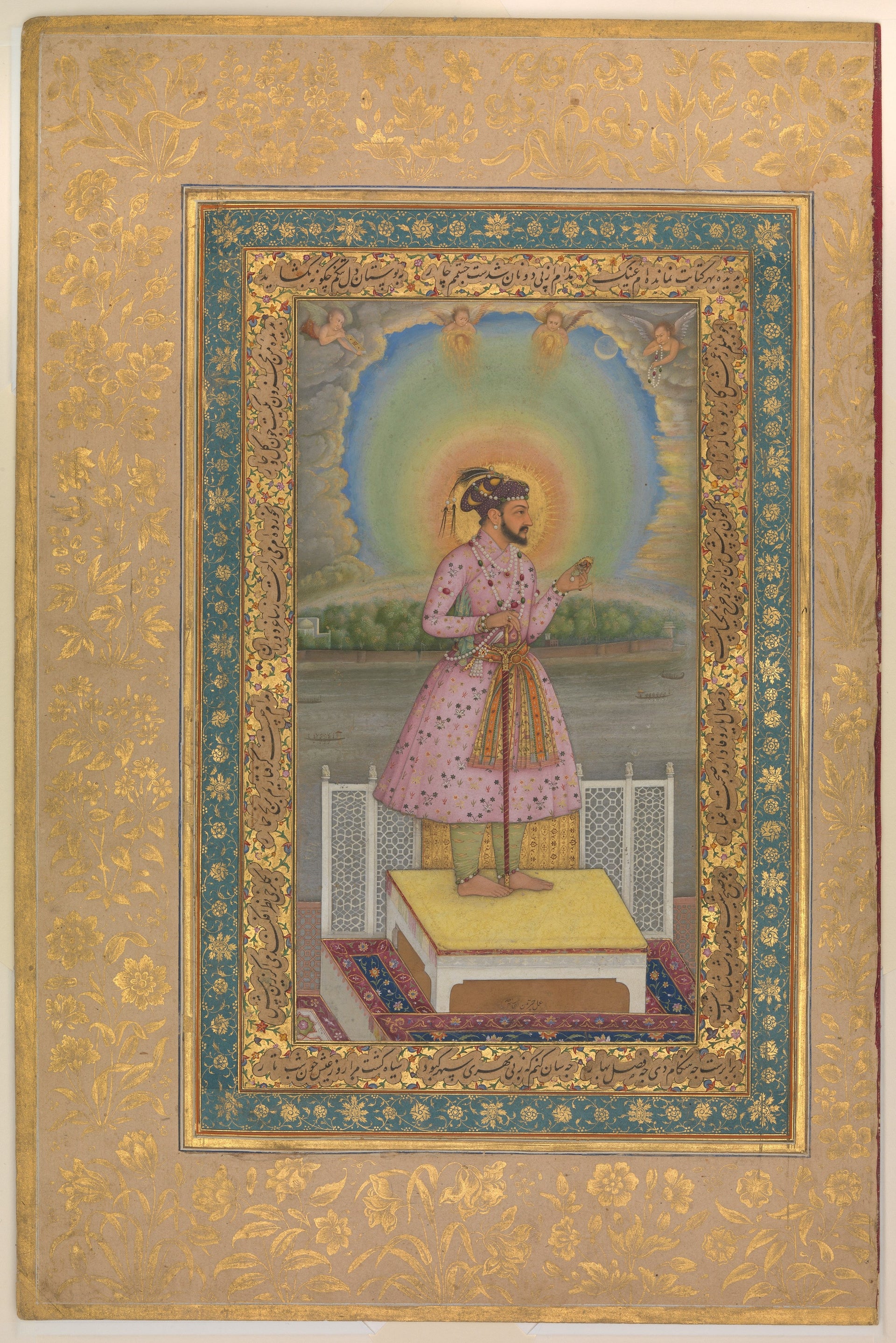 Chitarman, "Shah Jahan on a Terrace, Holding a Pendant Set With His Portrait", Folio from the Shah Jahan Album, recto: dated 1627–28; verso: ca. 1530–50, The Metropolitan Museum of Art, New York