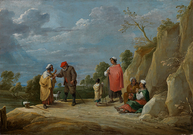 Quatre gitans avec un enfant, l'un d'eux prédisant la bonne aventure à un paysan - David Teniers le Jeune