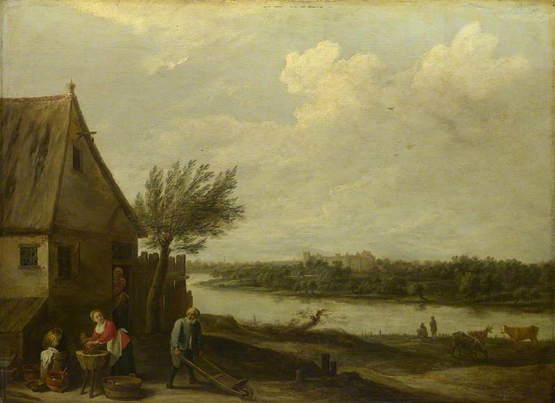 Un chalet au bord d'une rivière avec une vue lointaine sur un château - David Teniers le Jeune