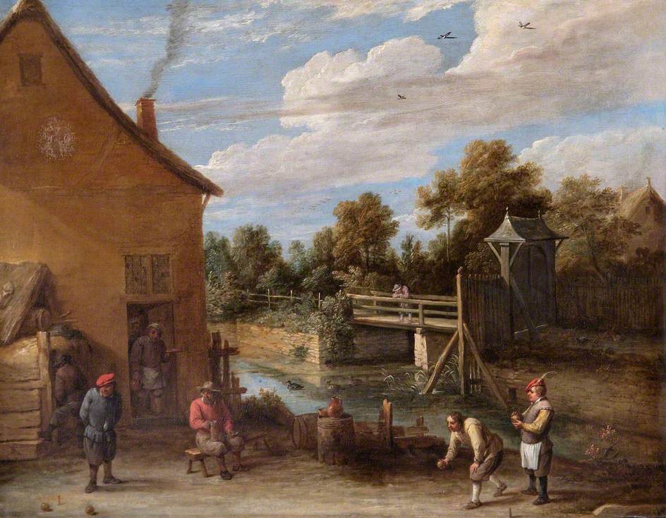 Paysans jouant aux boules devant une auberge au bord d'une rivière - David Teniers le Jeune