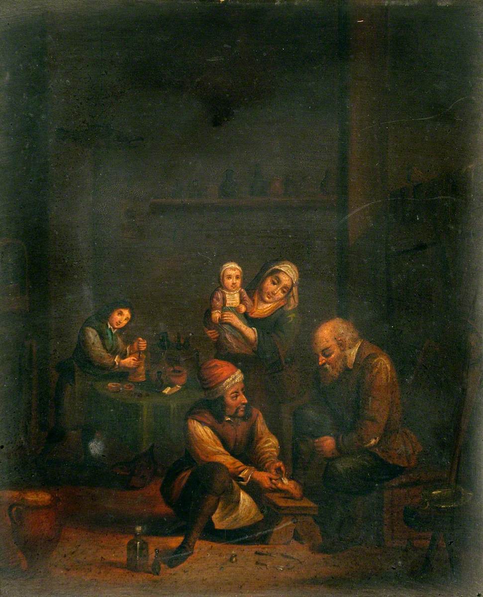 Un chirurgien soignant le pied d'un homme et trois autres personnages - David Teniers le Jeune