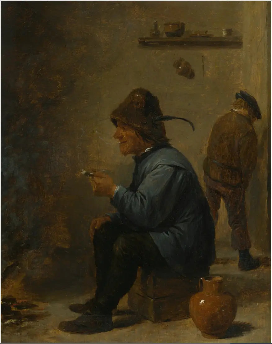 Un homme tenant une pipe assis devant un feu dans une taverne un homme urinant dans un coin - David Teniers le Jeune