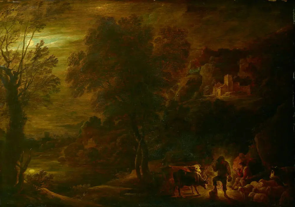 Paysage au clair de lune avec des bergers au feu - David Teniers le Jeune - Alpha Reproduction