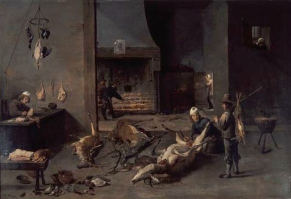 Intérieur de cuisine avec cuisiniers préparant du gibier de chasse - David Teniers le Jeune