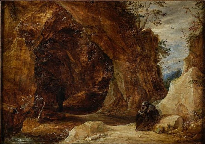 Ermite assise sur un rocher à l’entrée d’une grotte - David Teniers le Jeune
