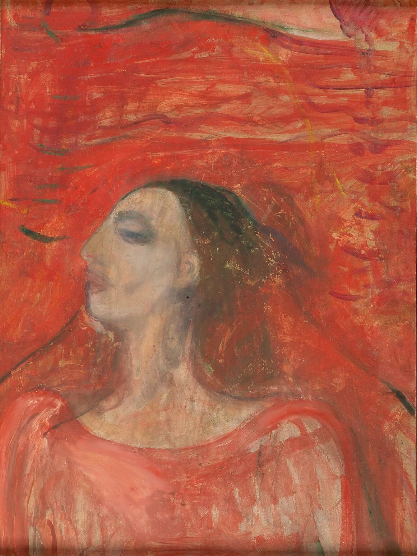 Reproduction du tableau « Tête de femme sur fond rouge - Edvard Munch » par Alpha Reproduction en peinture à l’huile