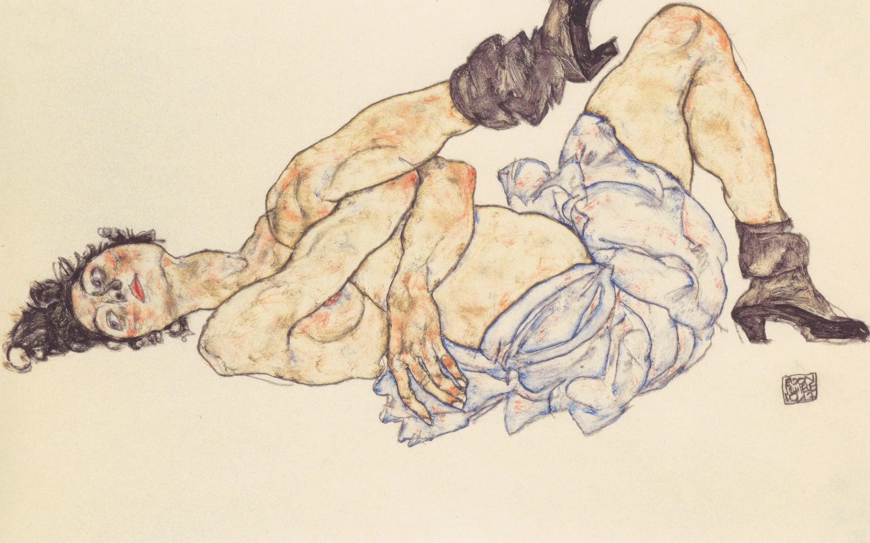 Reproduction du tableau « Nu féminin allongé - Egon Schiele » par Alpha Reproduction en peinture à l’huile