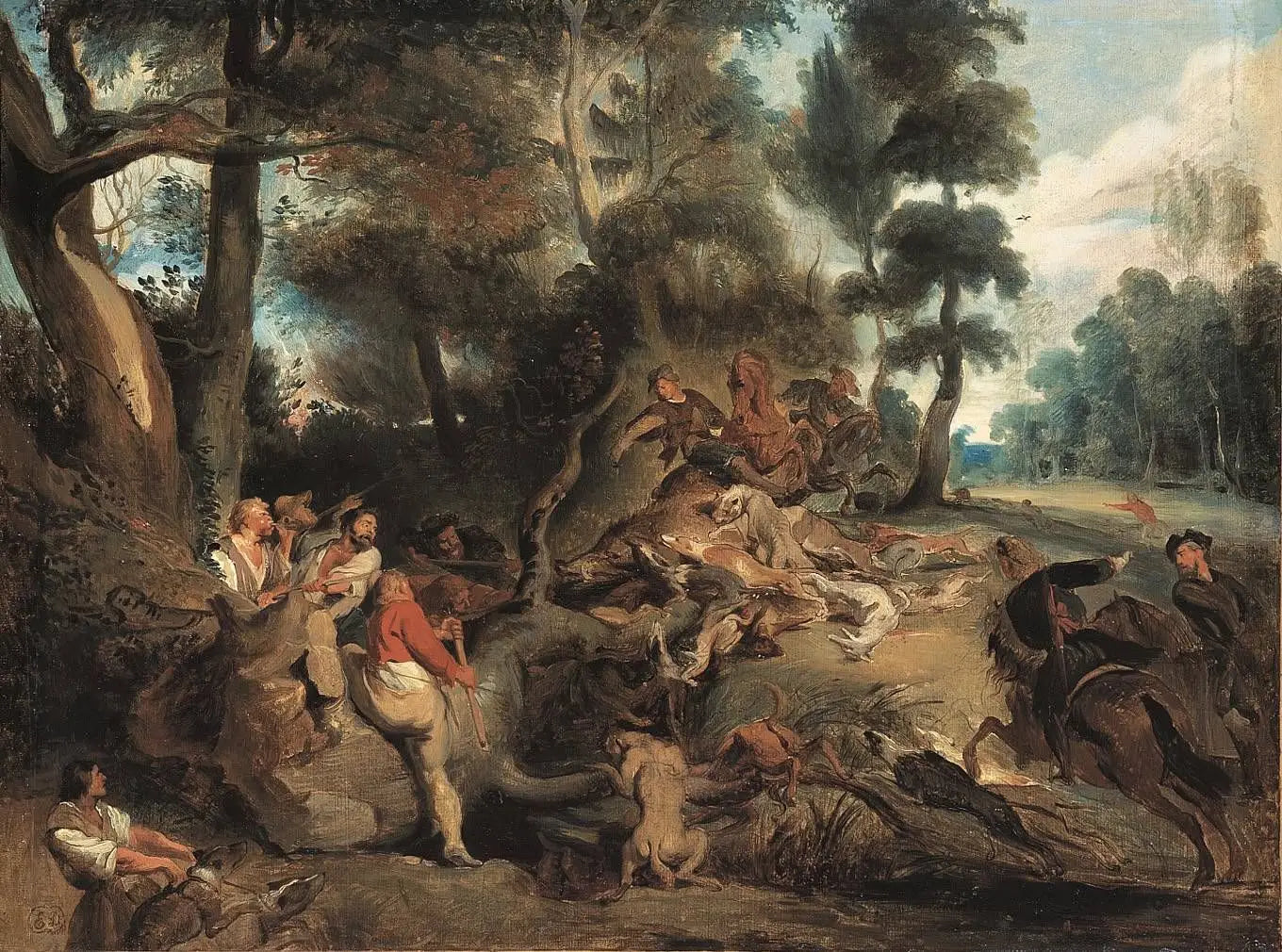 Reproduction du tableau « Paysage avec chasse au sanglier - Eugène Delacroix » par Alpha Reproduction en peinture à l’huile
