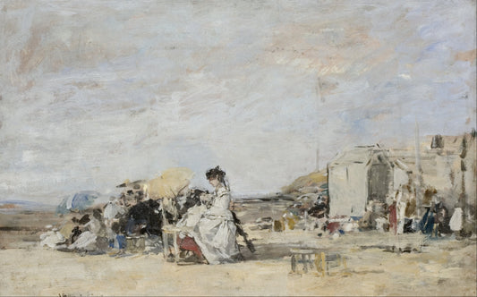 👒 سيدة باللون الأبيض على شاطئ تروفيل – يوجين بودان (حوالي 1865–1870)