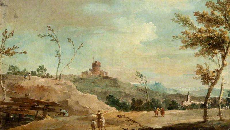 Paysage vallonné avec une tour en ruine - Francesco Guardi