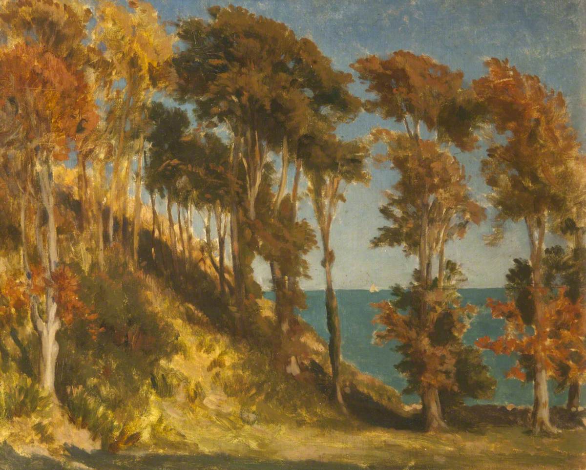 Une colline boisée avec la mer au-delà - Frederic Leighton