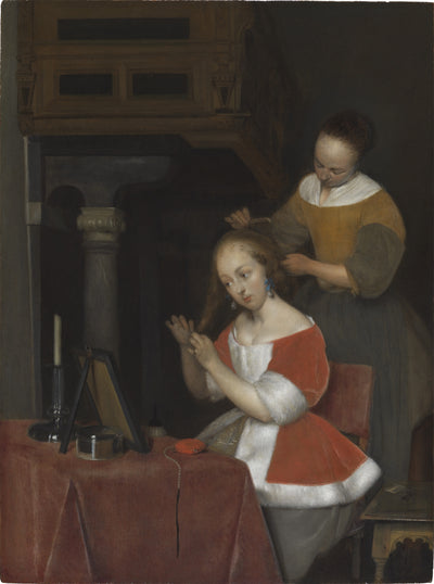 Intérieur avec une jeune femme et sa servante qui la coiffe. - Gerard ter Borch