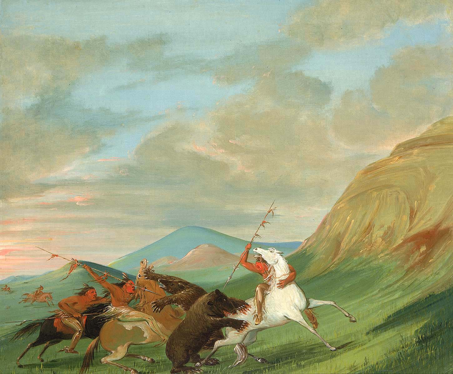 Des grizzlis attaquent des Indiens à cheval - George Catlin