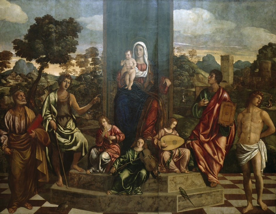 La Vierge à l'Enfant en majesté avec les saints Pierre, Jean-Baptiste, Jean l'Évangéliste, Sébastien et trois anges musiciens - Giovanni Bellini