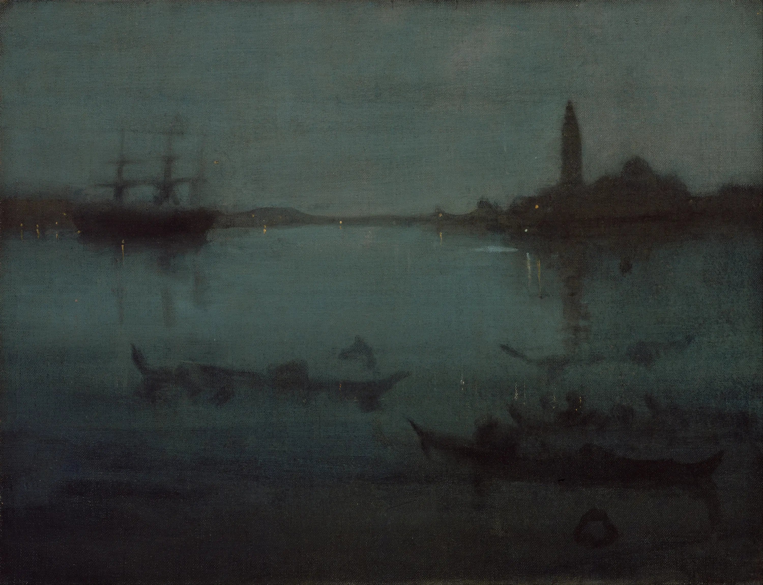Reproduction du tableau « Nocturne en bleu et argent : La lagune, Venise - James Abbott McNeill Whistler » par Alpha Reproduction en peinture à l’huile