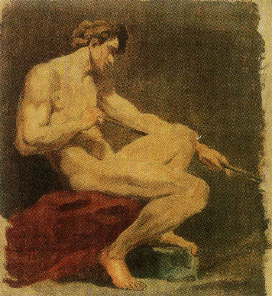 Figure Study. Seated Nude Holding a Stick - James Ensor