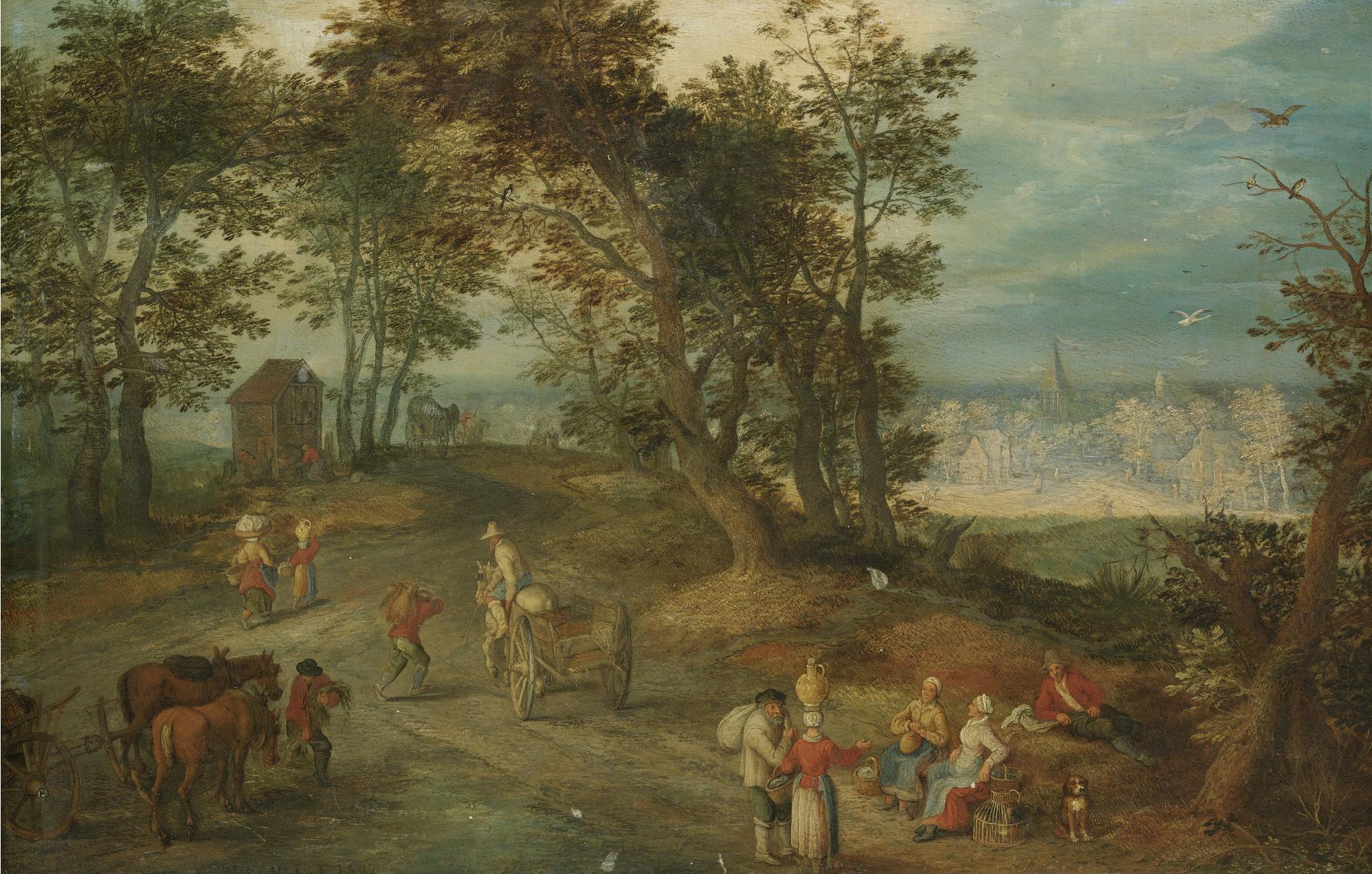 Paysage avec des personnages sur une route traversant un bois - Jan Brueghel l'Ancien