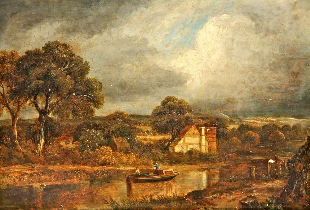 Scène fluviale avec une péniche et des chalets - John Constable