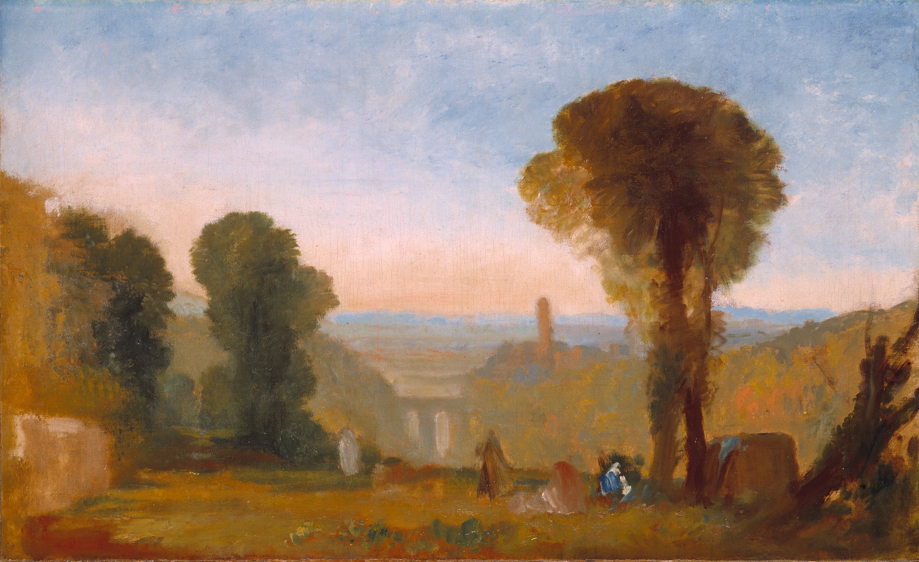 Reproduction du tableau « Italian Landscape with Bridge and Tower - J. M. W. Turner » par Alpha Reproduction en peinture à l’huile