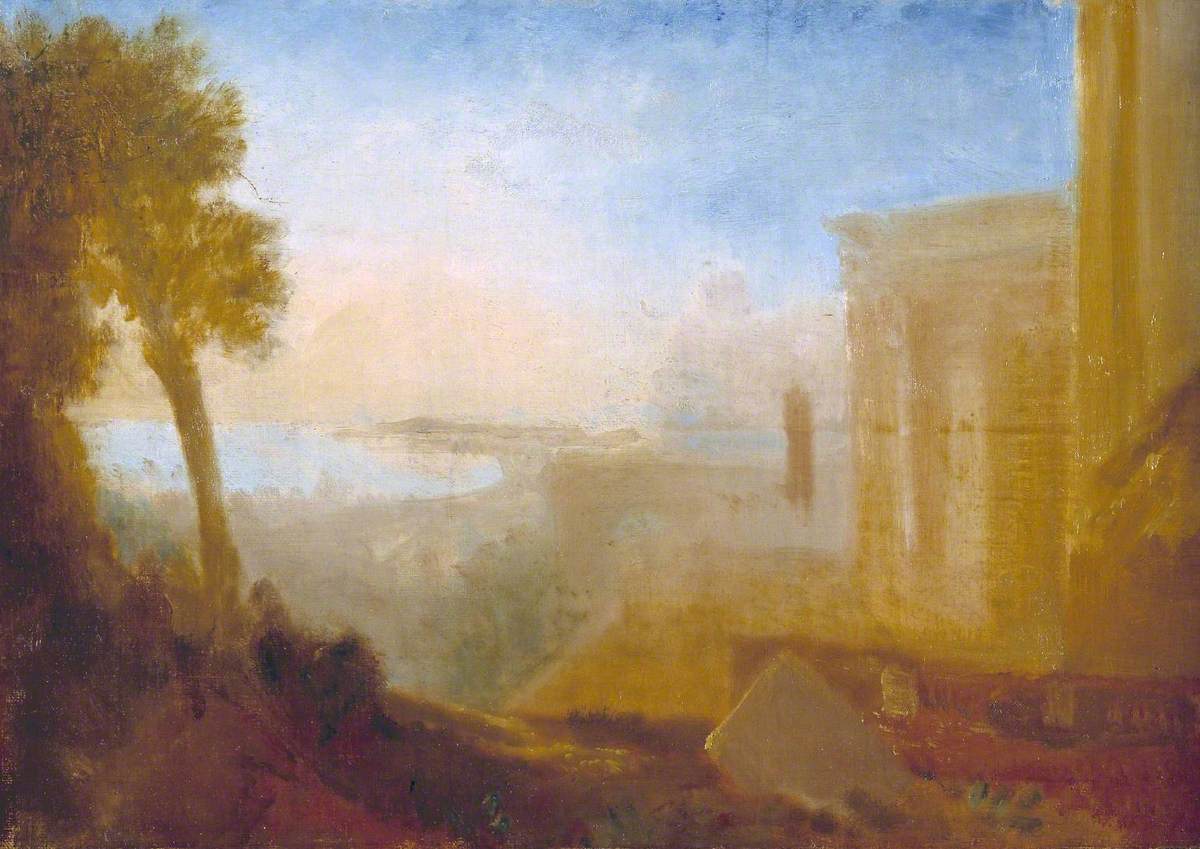 Reproduction du tableau « Overlooking the Coast, with Classical Building - J. M. W. Turner » par Alpha Reproduction en peinture à l’huile