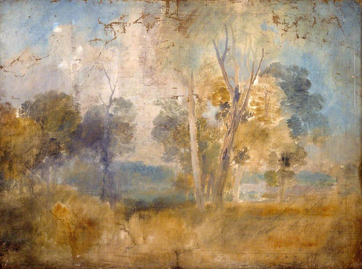 Reproduction du tableau « The Thames Glimpsed between Trees, possibly at Kew Bridge - J. M. W. Turner » par Alpha Reproduction en peinture à l’huile